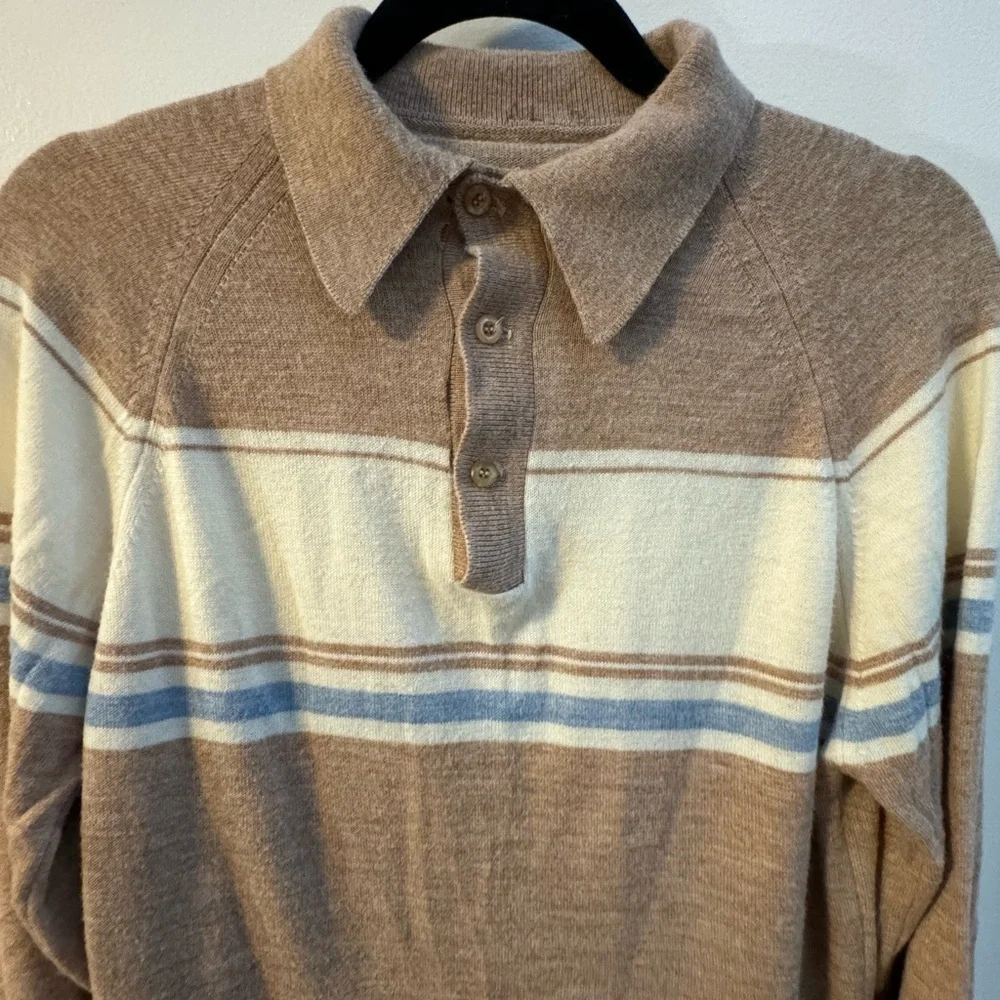Vintage 70s Men's Long Sleeve Striped Neutral Polo Button Up Shirt Knit Preppy